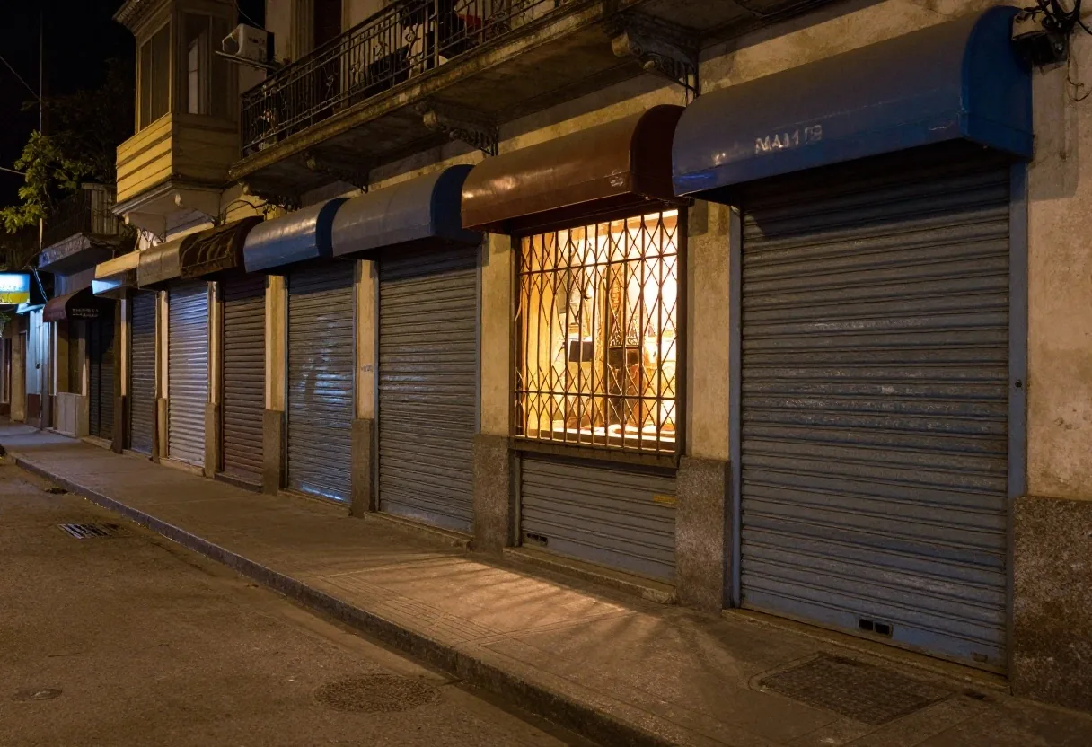 Fila de locales cerrados con una vidriera iluminada