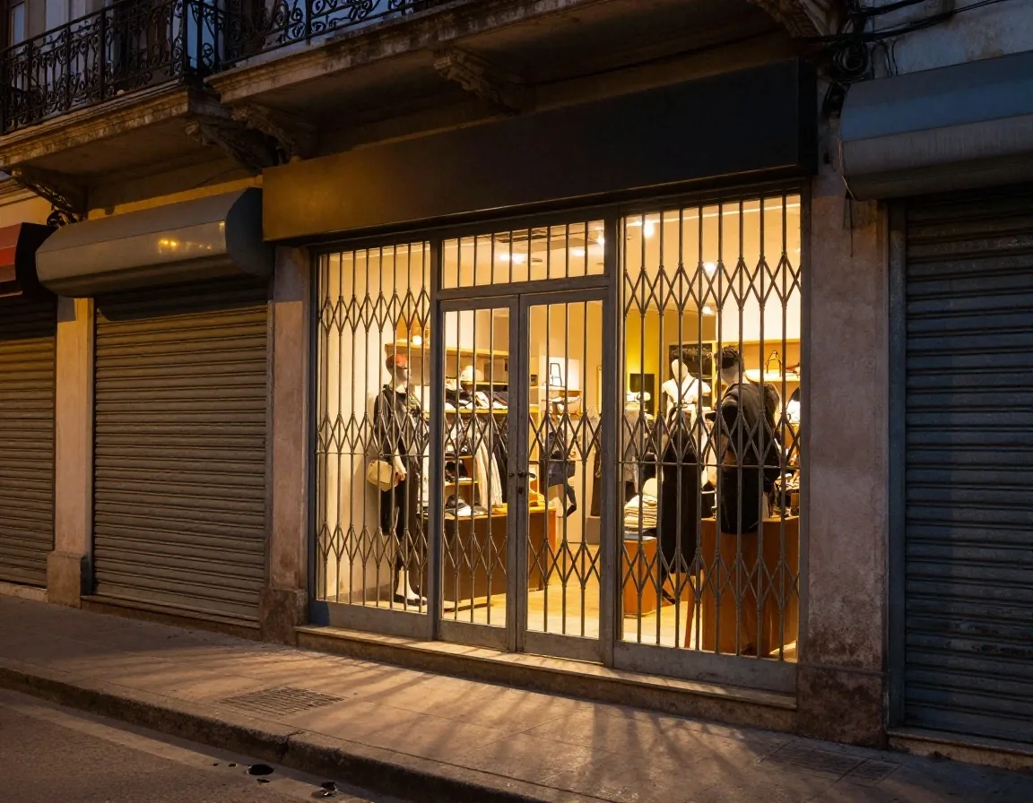 Calle comercial de noche con locales y una vidriera iluminada