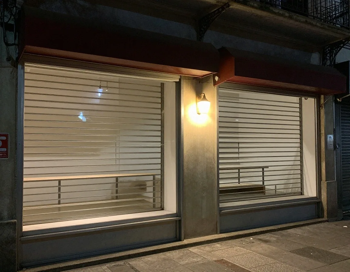 Detalle de cerradura de reja tijera y persiana en local