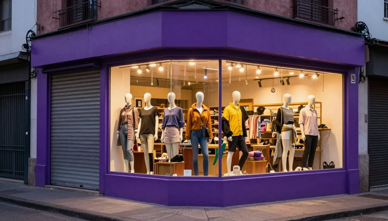 Vidriera de tienda en Buenos Aires al atardecer con persiana a medio bajar