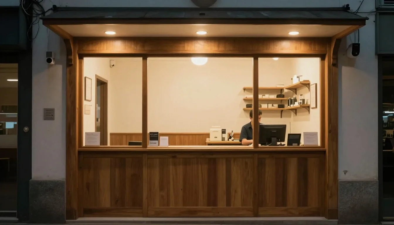 Zona de caja de tienda iluminada de noche