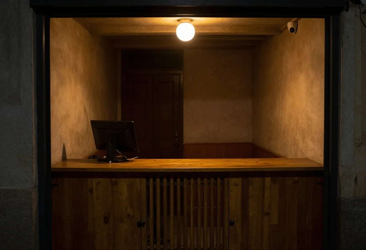 Interior de tienda de barrio con zona de caja iluminada