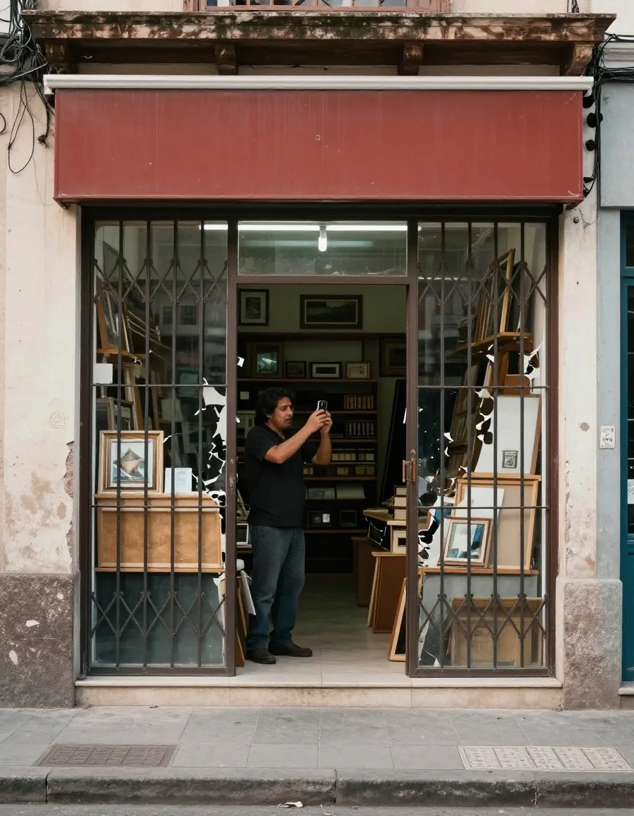Comerciante registrando daños en marco de vidriera