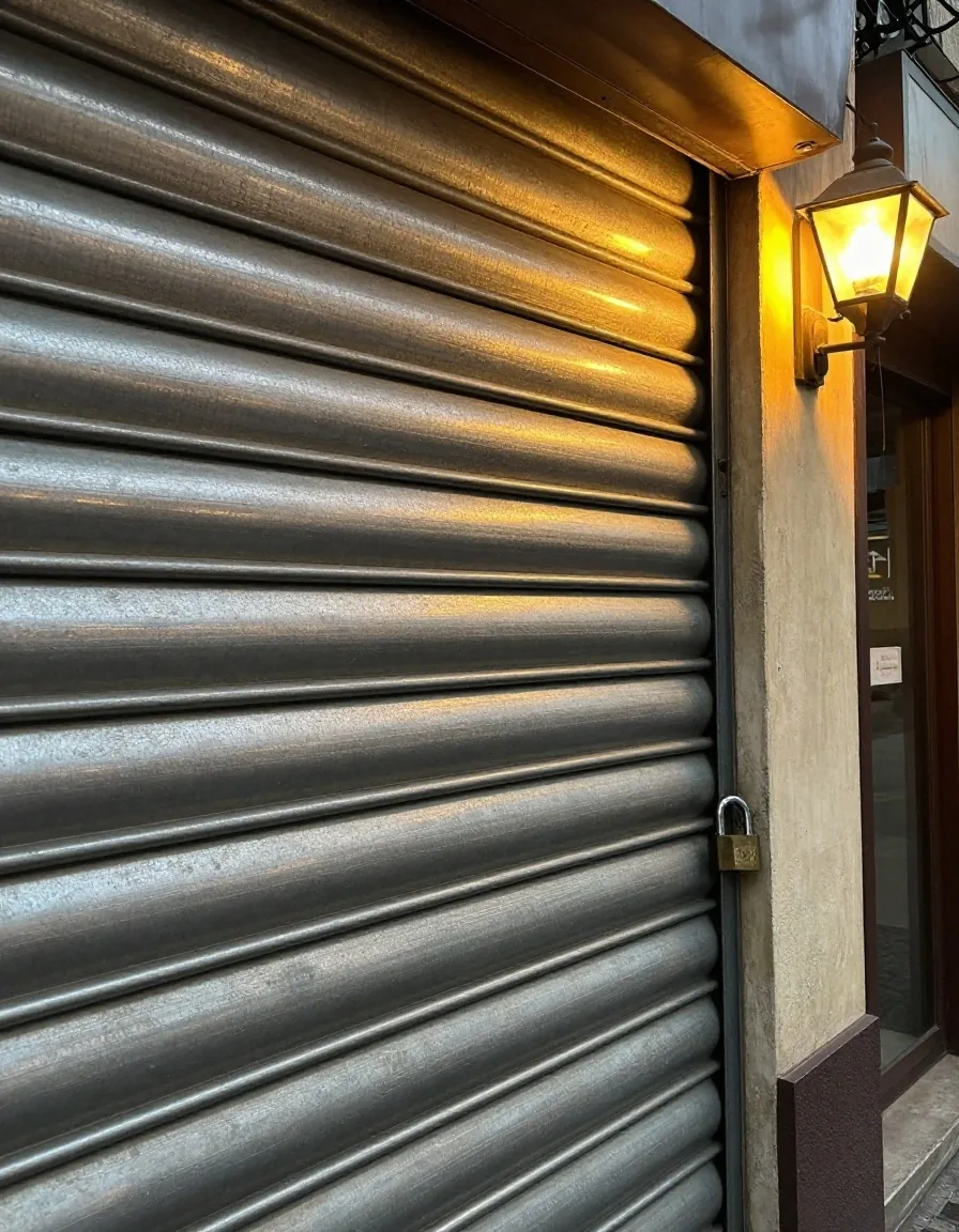 Detalle de persiana metálica y candado en un local de noche