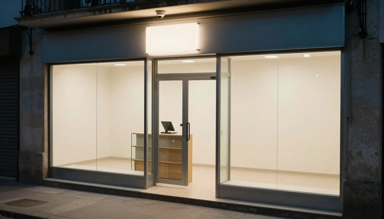 Vidriera de comercio al atardecer con persiana a medio bajar y luz cálida interior
