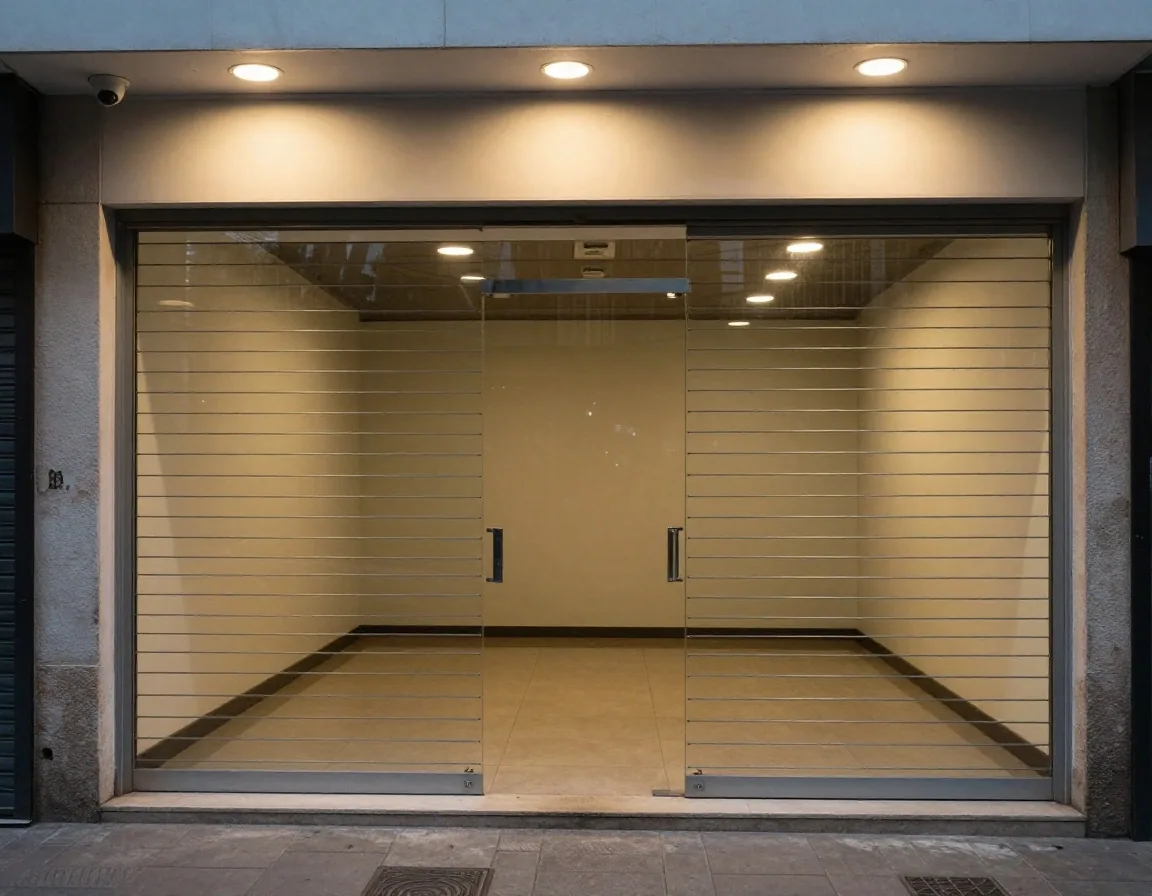 Zona de caja ordenada de noche con luz cálida y cámara