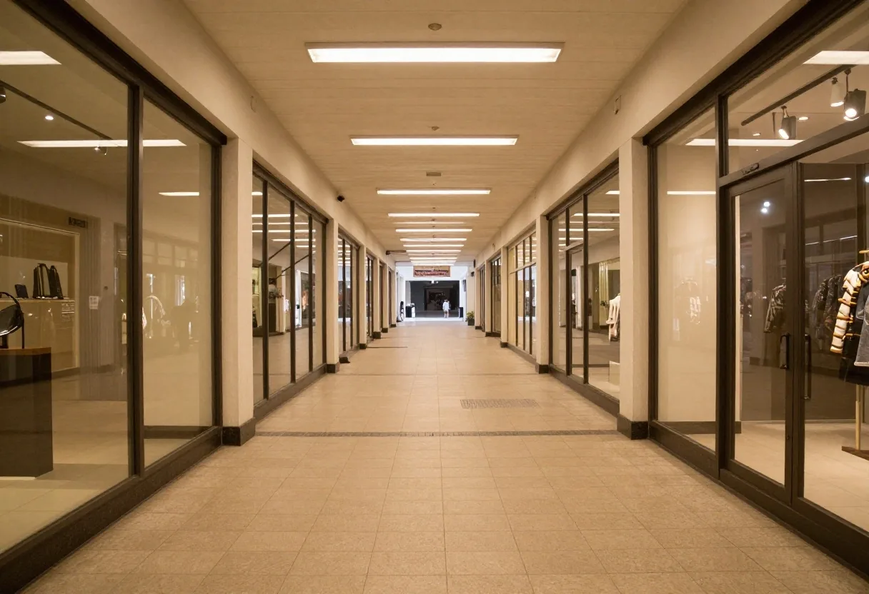 Calle con locales con persianas cerradas y una vidriera iluminada