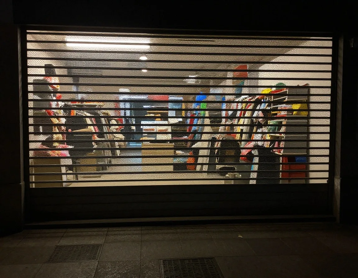 Cortina metálica cerrada sobre frente de tienda