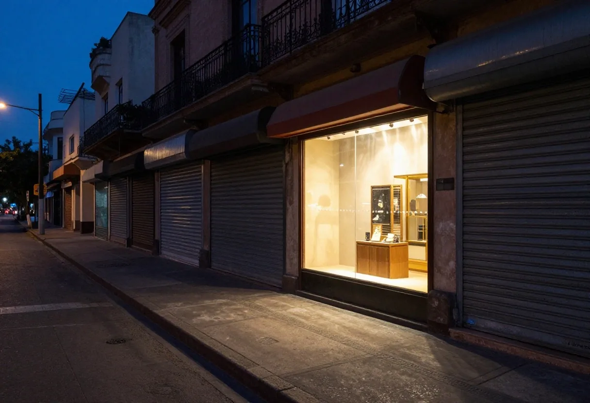 Calle con locales cerrados y una vidriera encendida