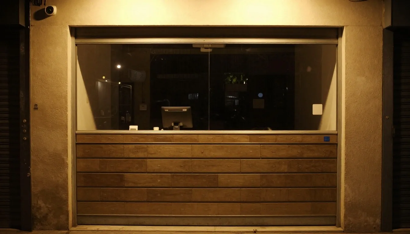 Interior de tienda de noche con caja y cámara