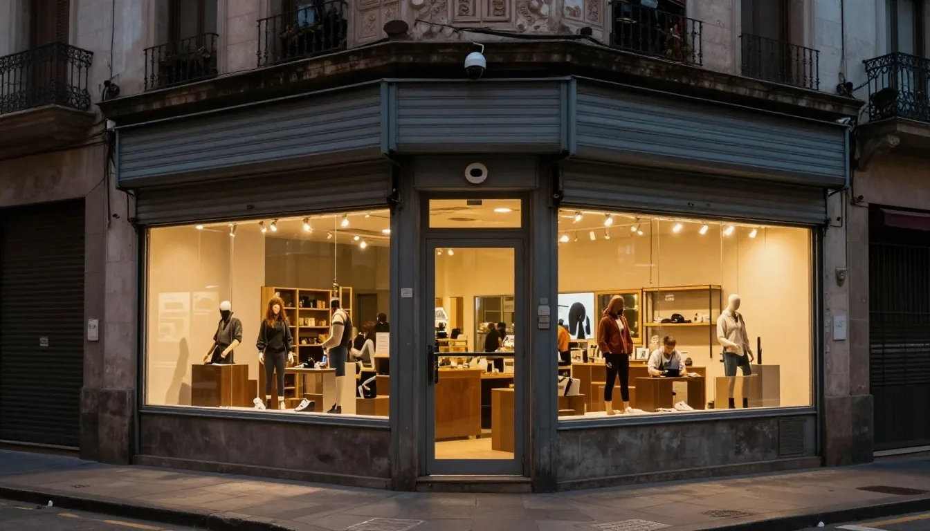 Vidriera de tienda a la hora del cierre con persiana a medio bajar