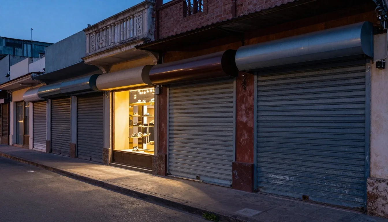 Calle con locales cerrados de noche y una vidriera iluminada