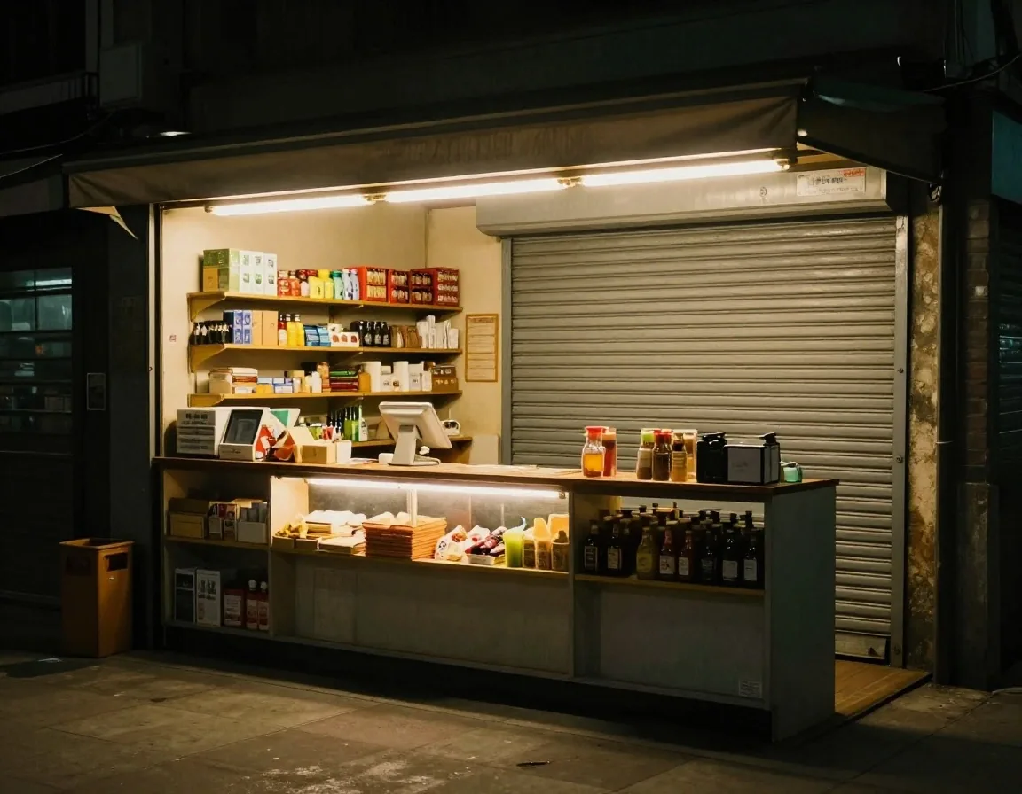 Interior de kiosco argentino con zona de caja iluminada