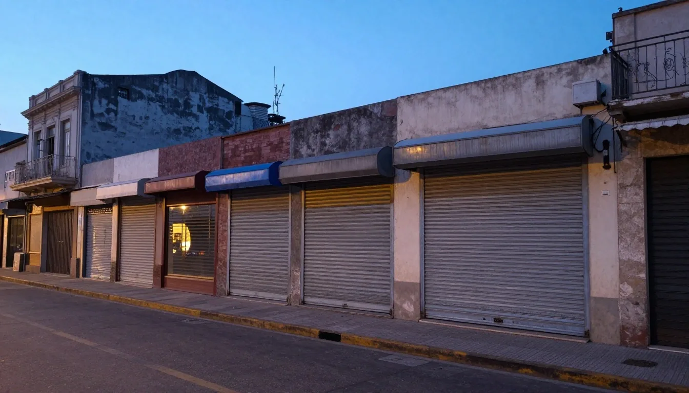 Vidriera de comercio argentino al atardecer con persiana a medio bajar